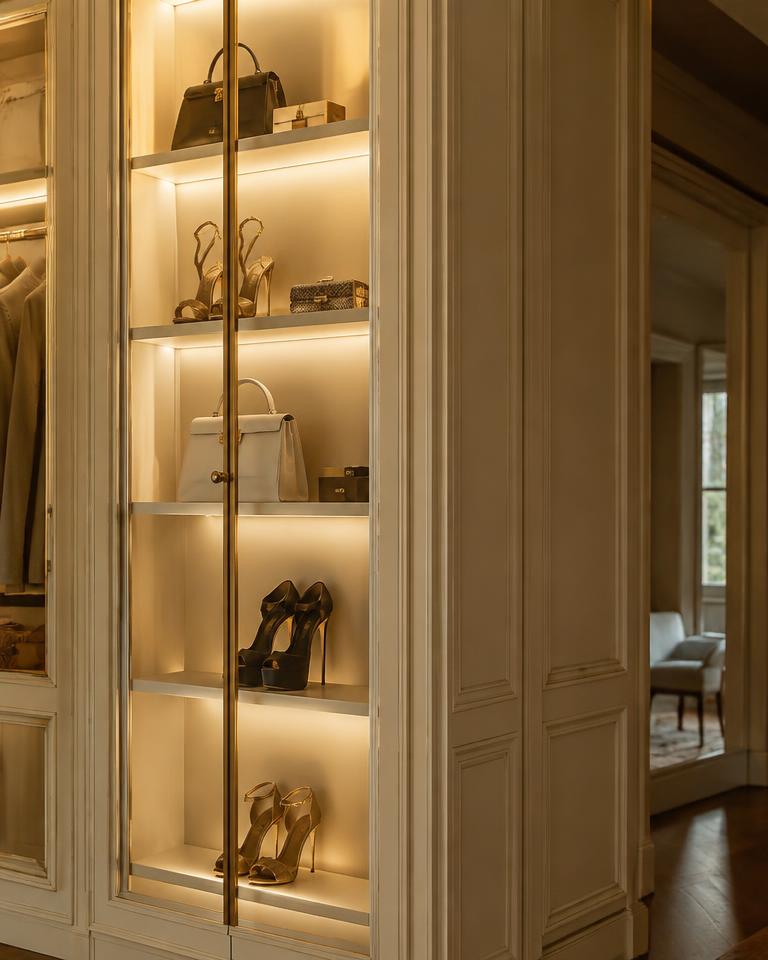 Lit glass shelves displaying handbags and heels