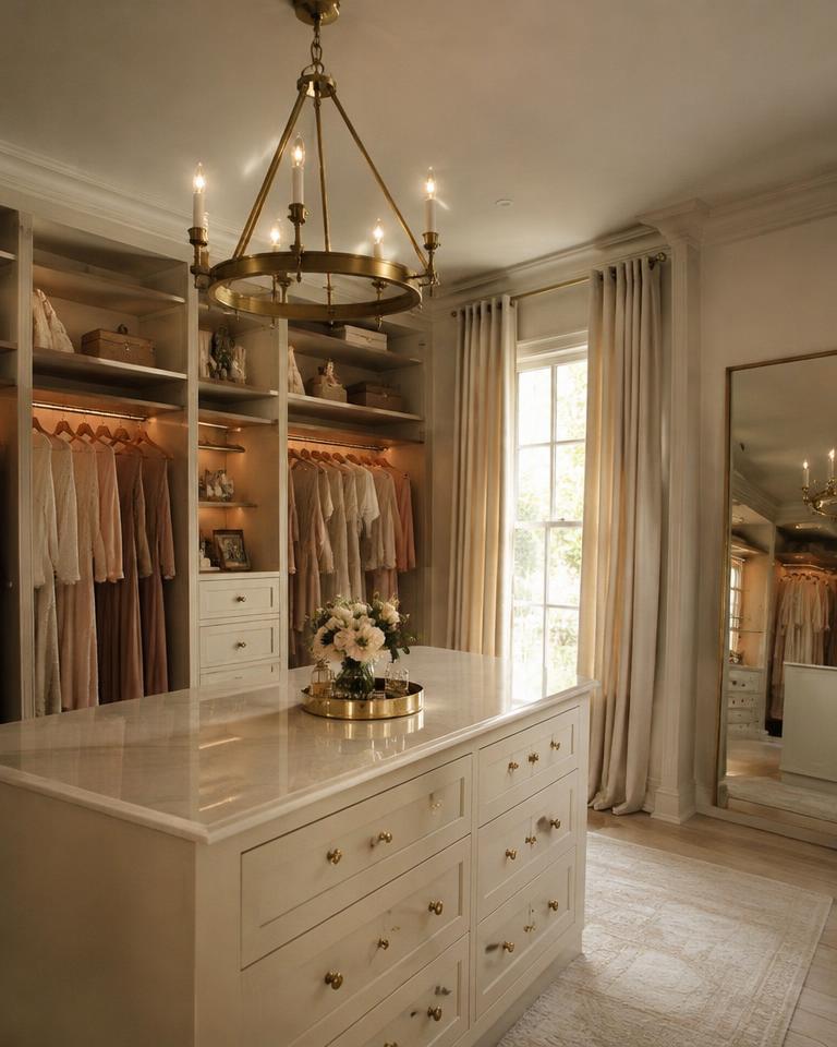 Ivory dressing island beneath a brass chandelier